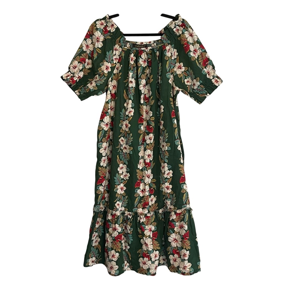 Tamare Hawaiian Islands Vintage Green Floral Muumuu Dress XL Cotton Made in USA - Picture 1 of 8